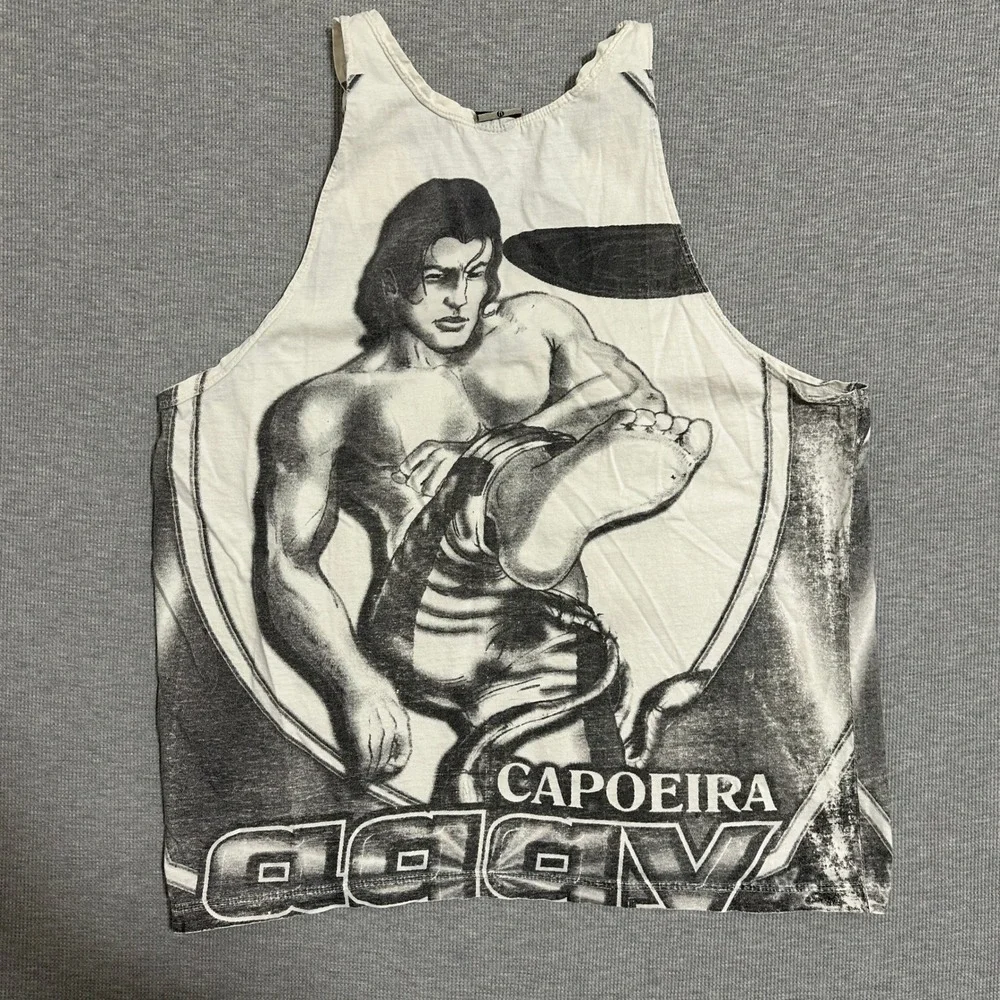 Y2K Aggy Capoeira Martial Arts AOP Graphic Tank Top Faded White Black Mens Large